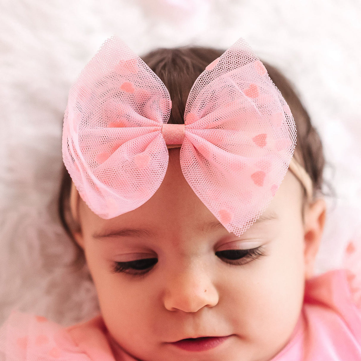 Flocked Heart Tulle Bow Baby Headband