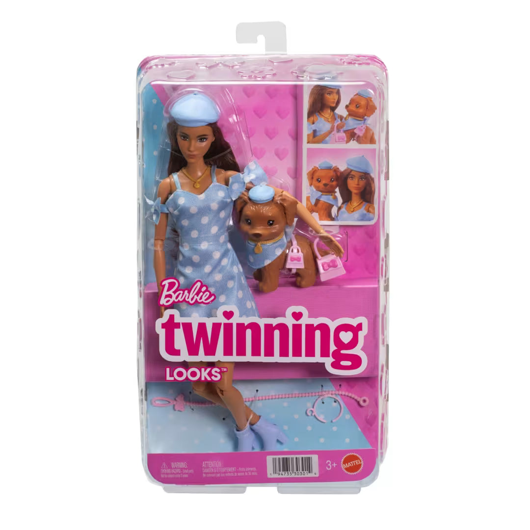 Barbie® Twinning Looks Fashion Doll With Pet Dog, Matching Blue Clothes & Accessories, Brunette