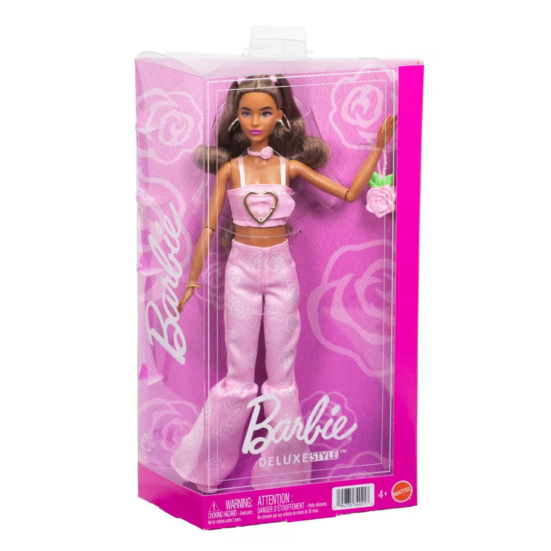 Barbie® Deluxe Style Fashion Doll #12 in Pink Denim Crop Top And Flare Jeans, Brunette