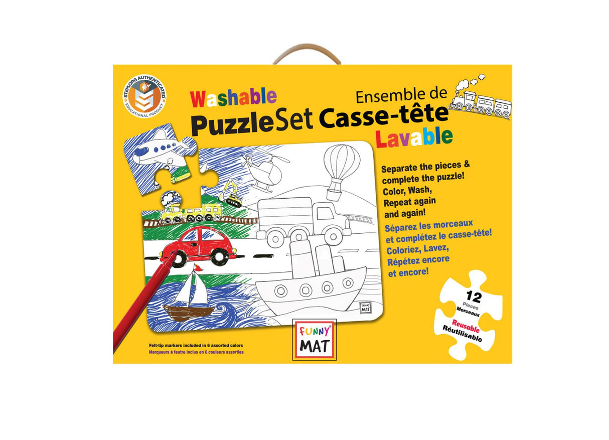 12 pc Vehicles Washable Puzzle with Markers