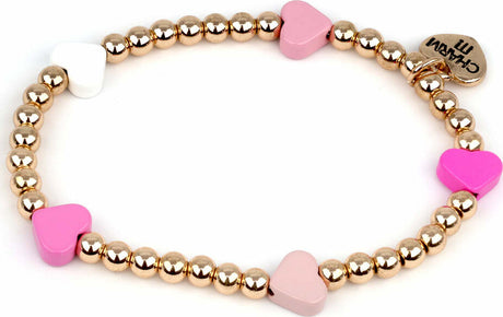 Gold Bead Pink Heart Stretch Bracelet