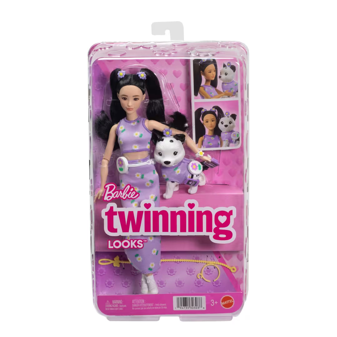 Barbie® Twinning Looks Fashion Doll With Pet Dog, Matching Purple Clothes & Accessories, Black Hair