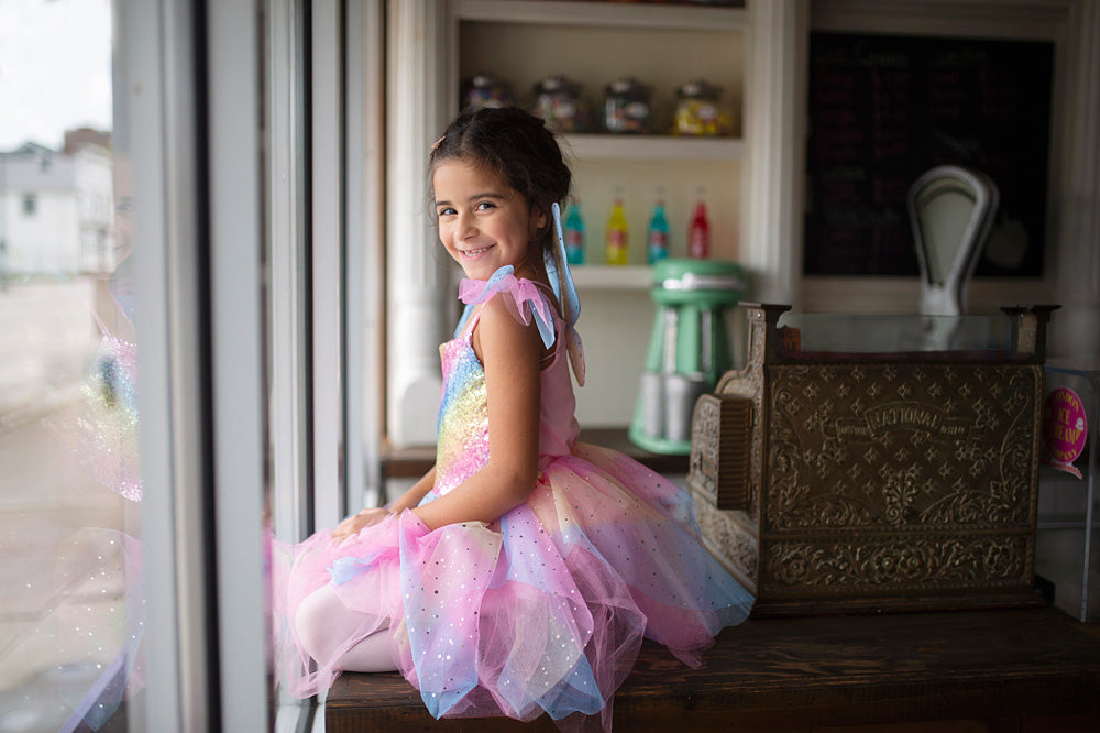 Rainbow Fairy Dress & Wings Size 5-6.